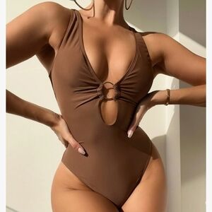 Coffee Brown Deep V Onepiece Swimsuit